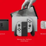 Nintendo Switch, Nintendo Switch OLED, and Nintendo Switch Lite in black and white