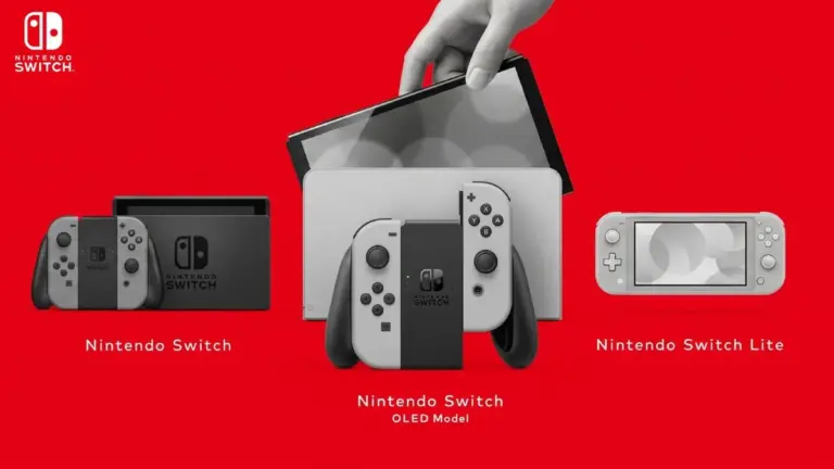 Nintendo Switch, Nintendo Switch OLED, and Nintendo Switch Lite in black and white