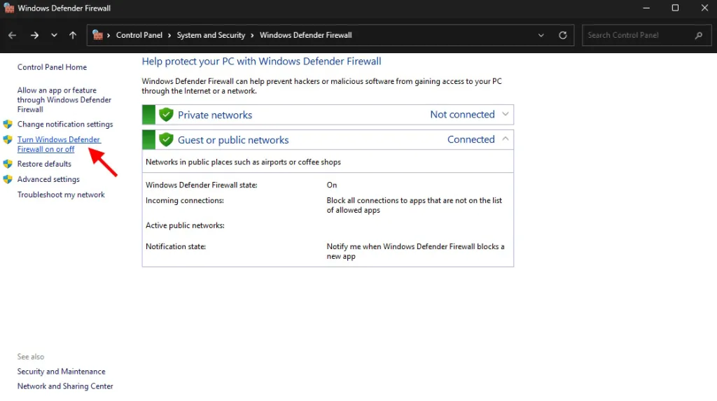 Disattivazione temporanea del firewall per Minecraft