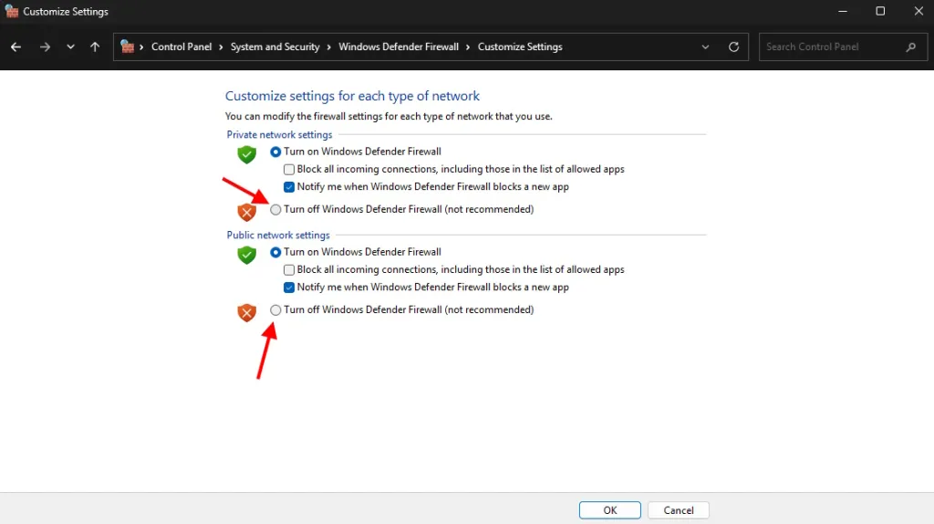 Firewall spento per risolvere l'errore getsockopt