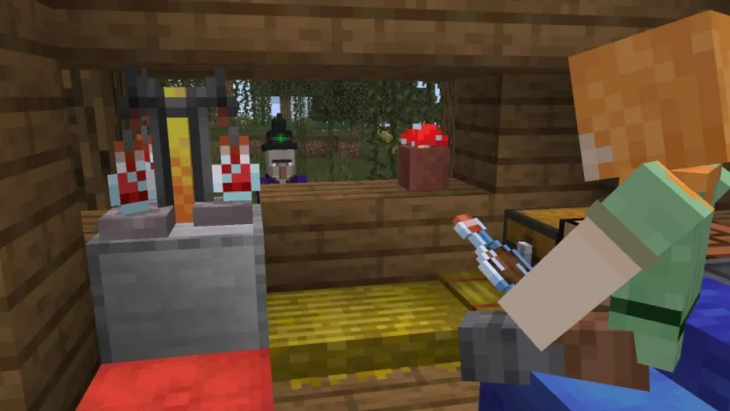 Cuscini colorati e letti di paglia in un accampamento di Minecraft