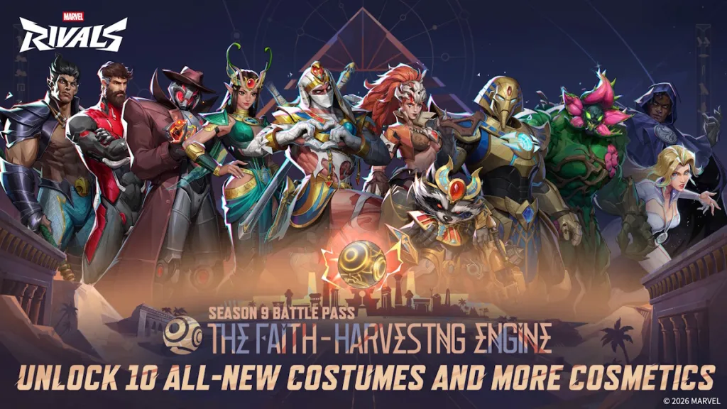 Battle Pass di Marvel Rivals Season 9 con skin a tema egiziano