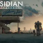 Fallout 4 player walking in Power Armor with the logo for Obsidian Entertainment