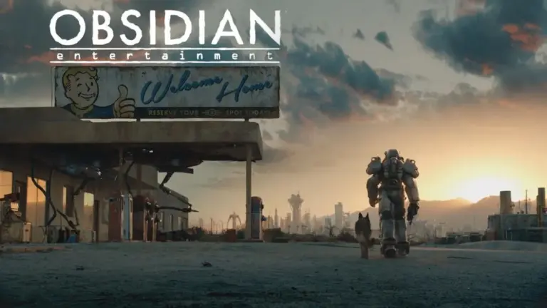 Fallout 4 player walking in Power Armor with the logo for Obsidian Entertainment