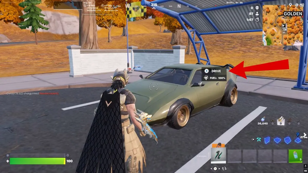 Un veicolo in Fortnite con il prompt di interazione