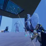 Shooting at the Aquarium Vault with a logo for Fortnite Chapter 7 Season 3 Runners