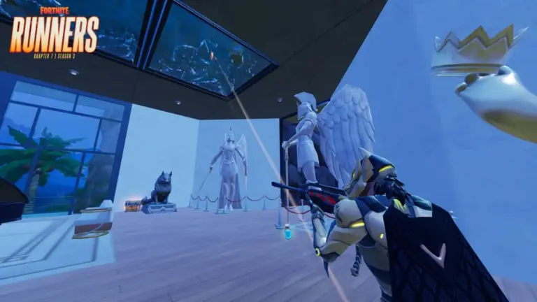 Shooting at the Aquarium Vault with a logo for Fortnite Chapter 7 Season 3 Runners