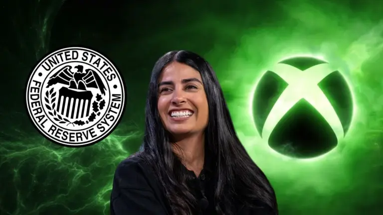 US Federal Reserve logo next to Xbox CEO Asha Sharma and Xbox Logo
