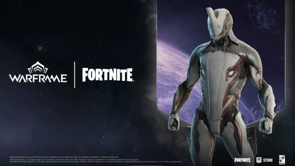 Logos for Warframe and Fortnite with the Excalibur skin