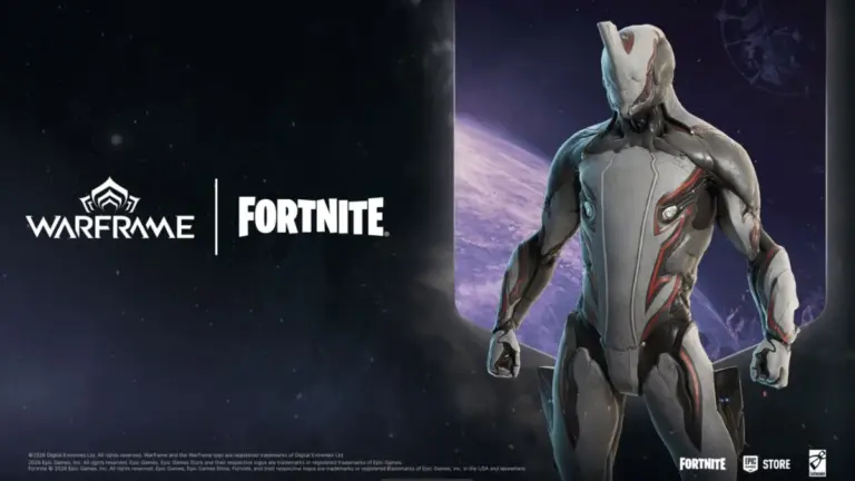 Logos for Warframe and Fortnite with the Excalibur skin
