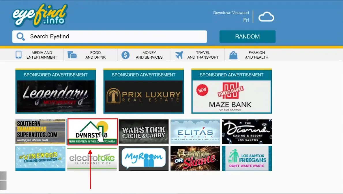Selezione del sito Dynasty 8 per visualizzare le proprietà