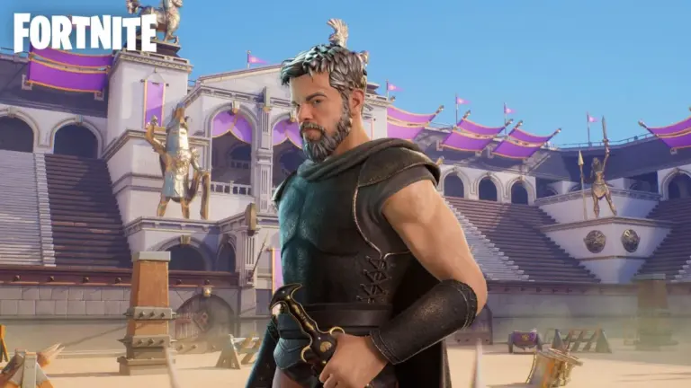 The Odysseus Fortnite skin in front of a gladiator arena