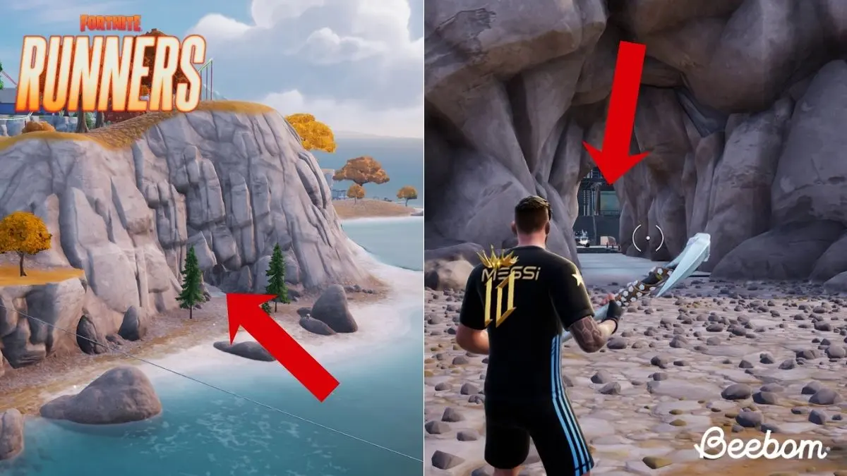 Dettaglio dell'ingresso della Bat Cave attraverso la spiaggia di Fortnite