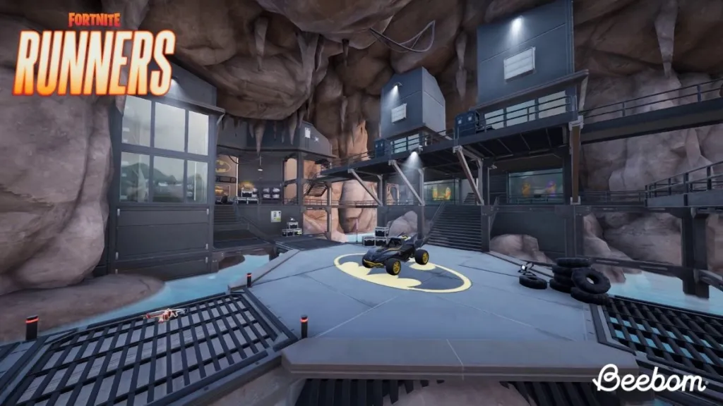 Interno della Bat Cave in Fortnite, con dettagli del nascondiglio segreto di Batman