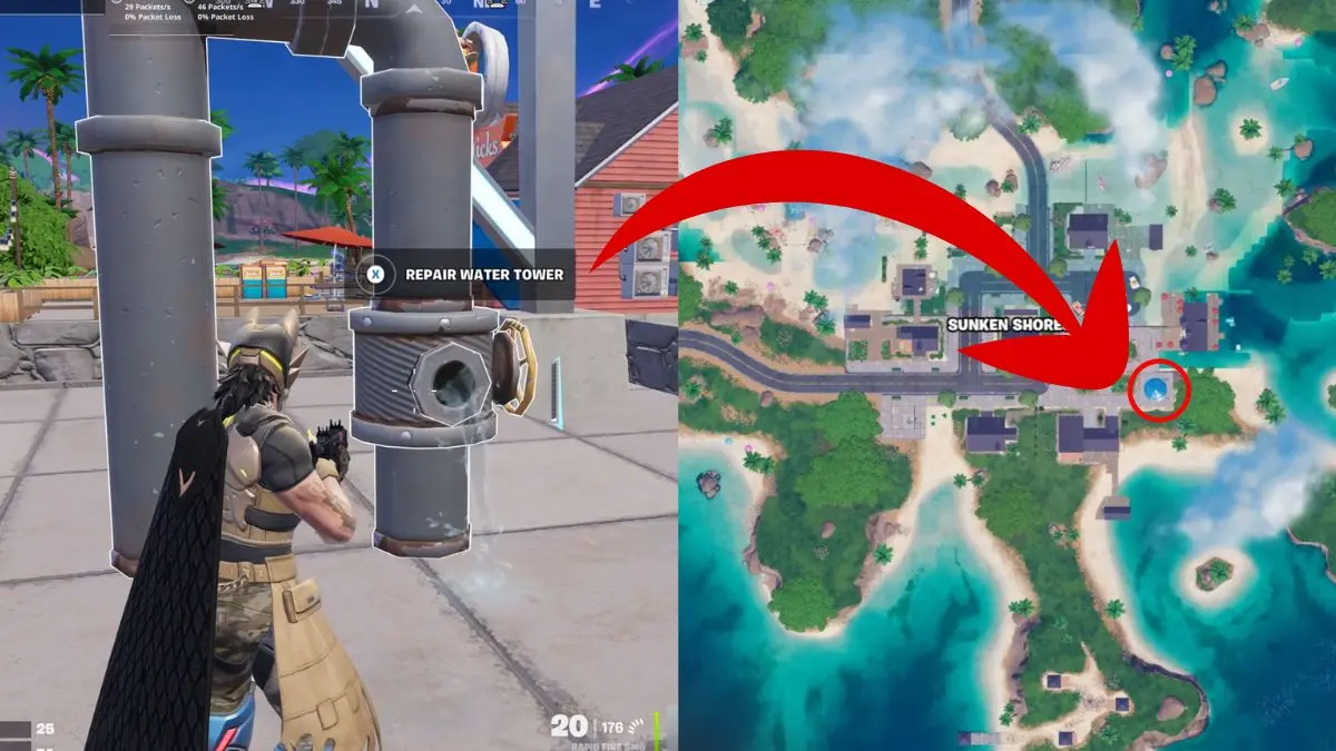 Posizione della torre d'acqua su Sunken Shores nella mappa di Fortnite