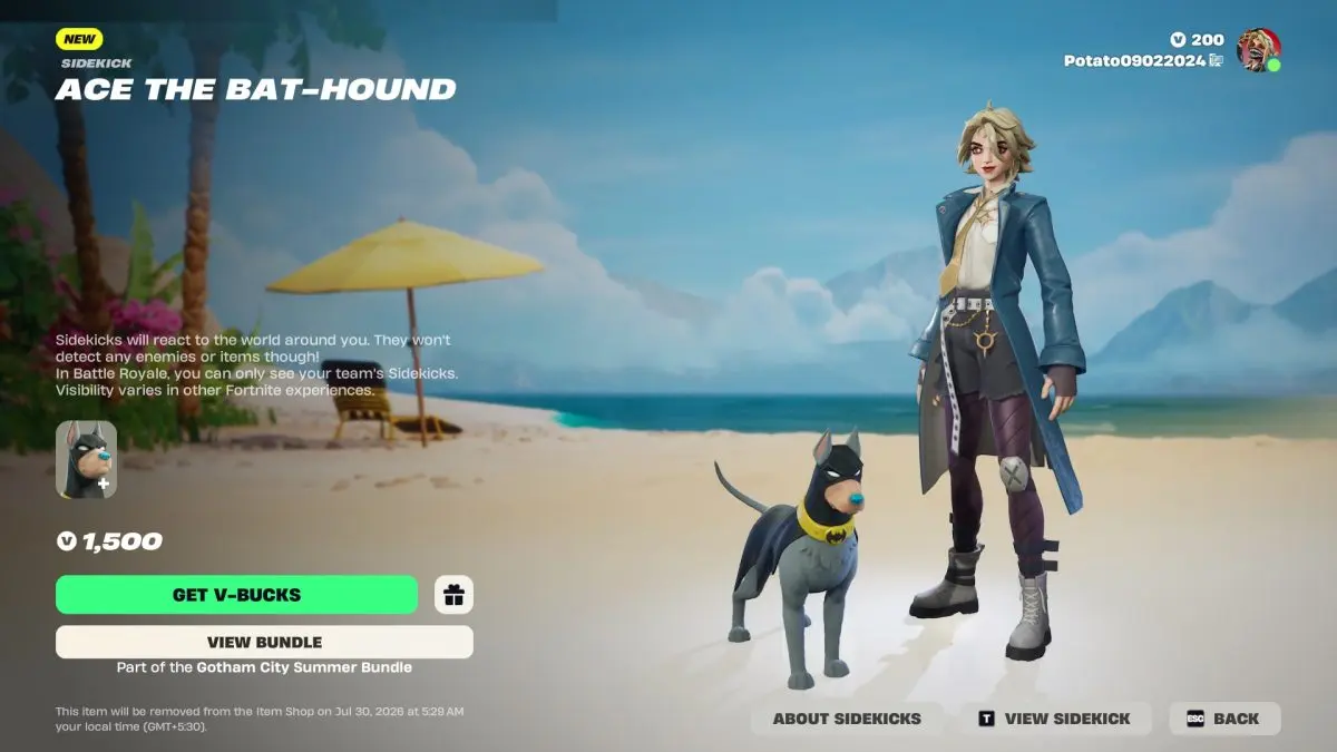 Ace the Bat Hound sidekick, vista in Fortnite