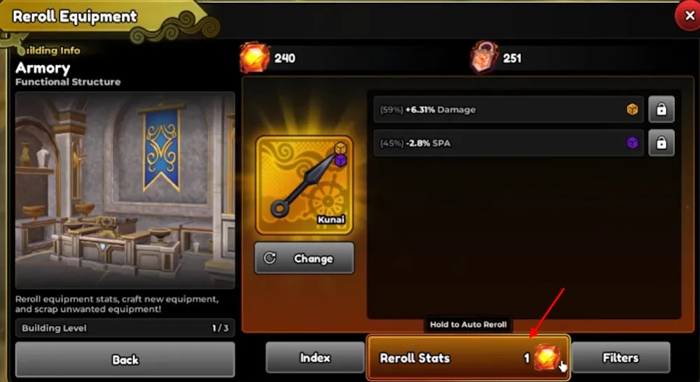 Procedura di reroll dell'equipaggiamento in Anime Expeditions