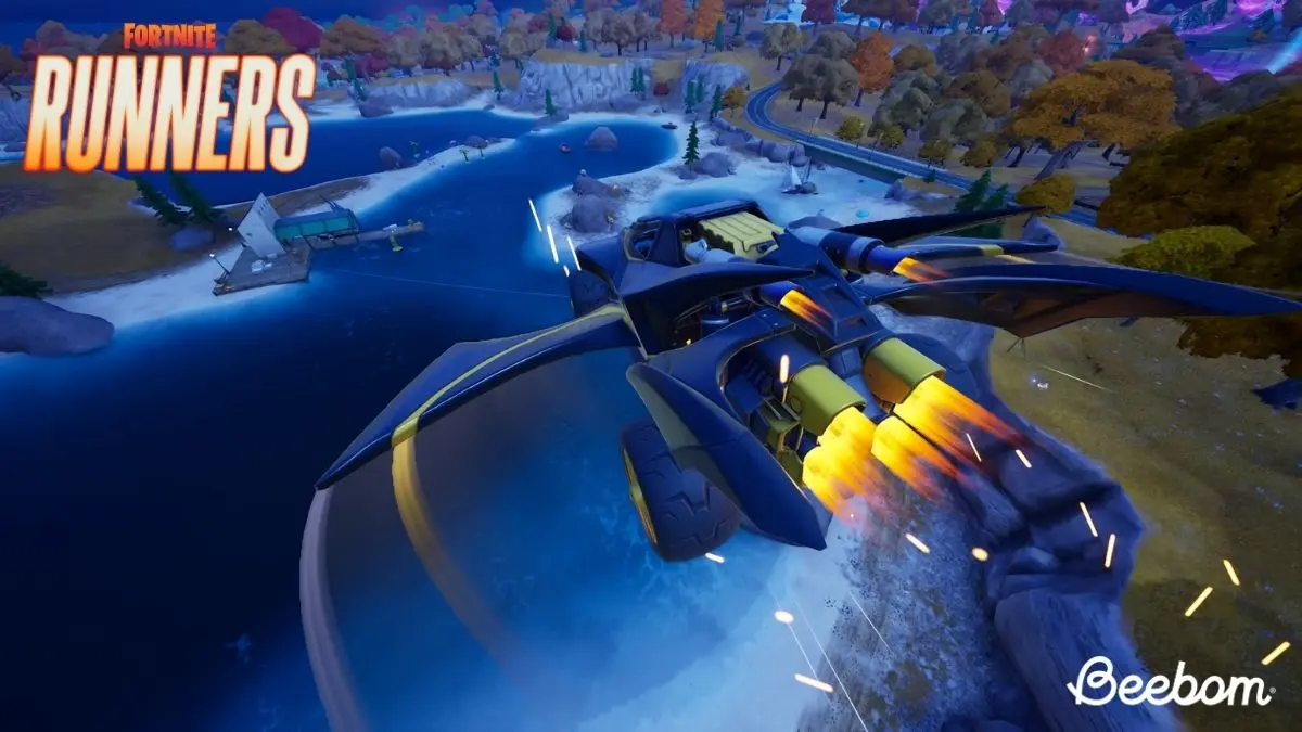 Il Batman Beach Buggy in volo sopra l’isola di Fortnite