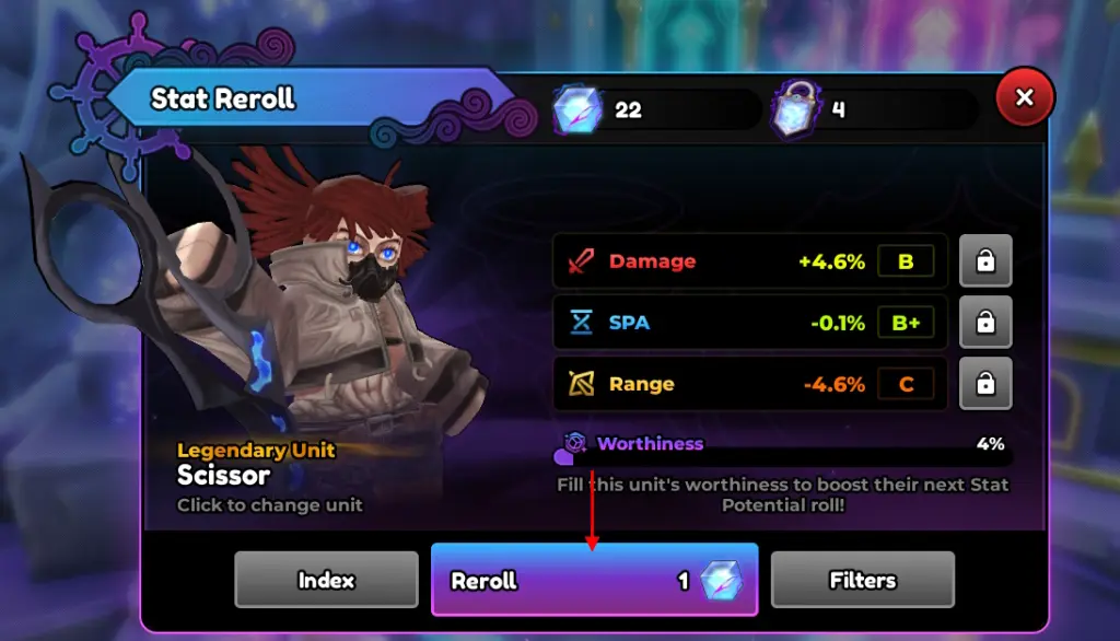Schermata di reroll delle statistiche in Anime Expeditions