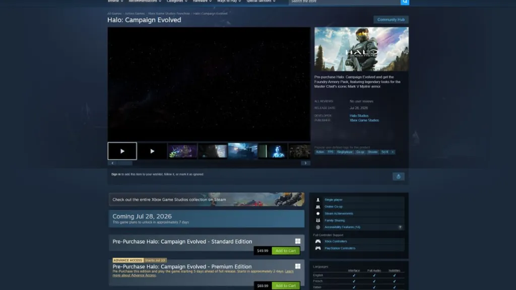 Pagina di Halo Campaign Evolved su Steam