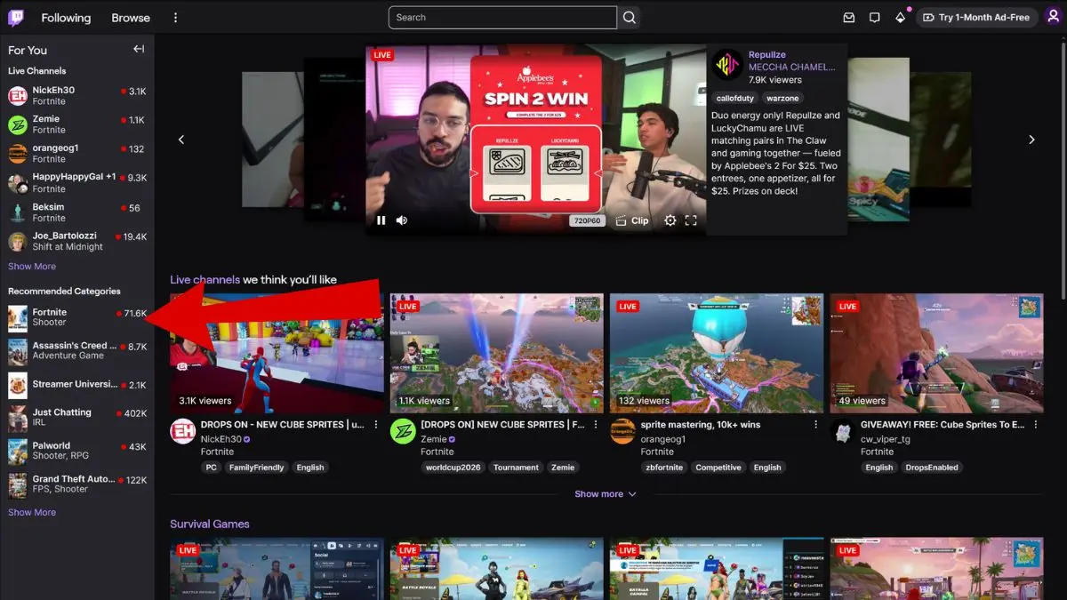 Categoria Fortnite su Twitch evidenziata