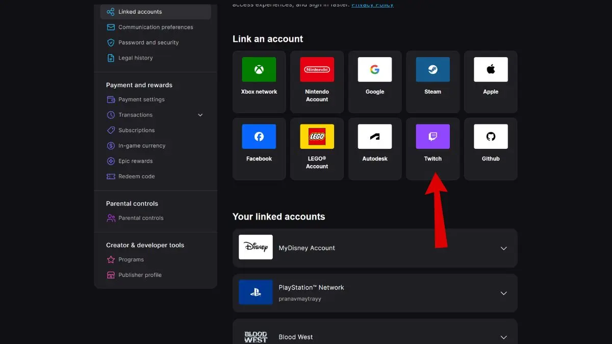 Pulsante Twitch per collegare gli account