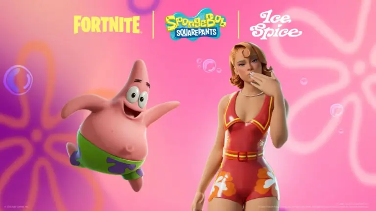 Fortnite Patrick Star Sidekick and Bikini Bottom Ice Spice skin with the Fortnite, SpongeBob, and Ice Spice logos