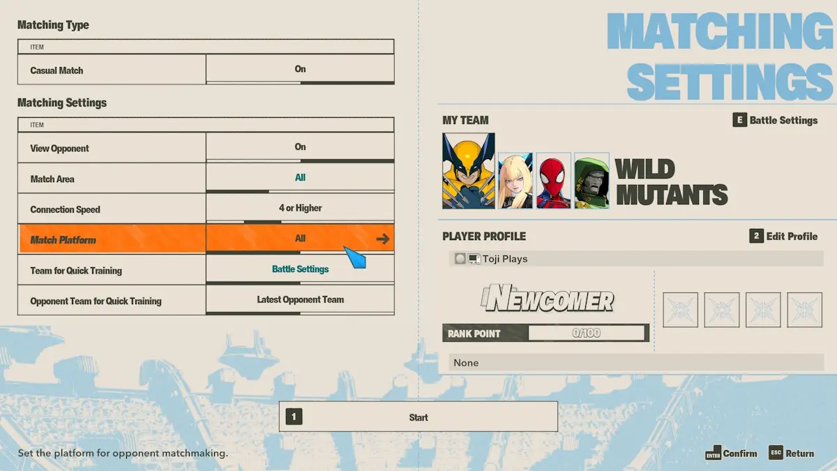 Abilitazione del crossplay nelle impostazioni di Marvel Tokon