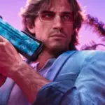 Jason Duval with glasses and a suit in GTA 6 with the logo for GTA 6 and Xbox