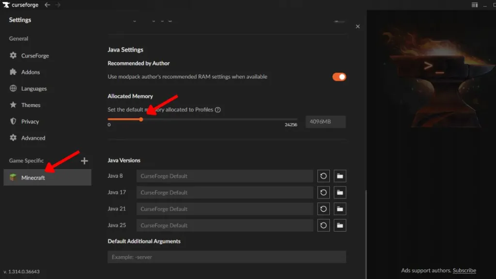 Sezione Java Settings di CurseForge con slider della memoria
