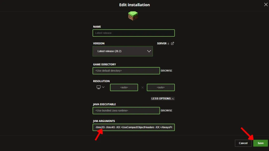 Modifica dei parametri Xms e Xmx nel launcher ufficiale