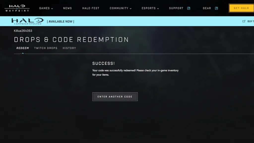 Schermata di codice Halo Campaign Evolved riscattato con successo