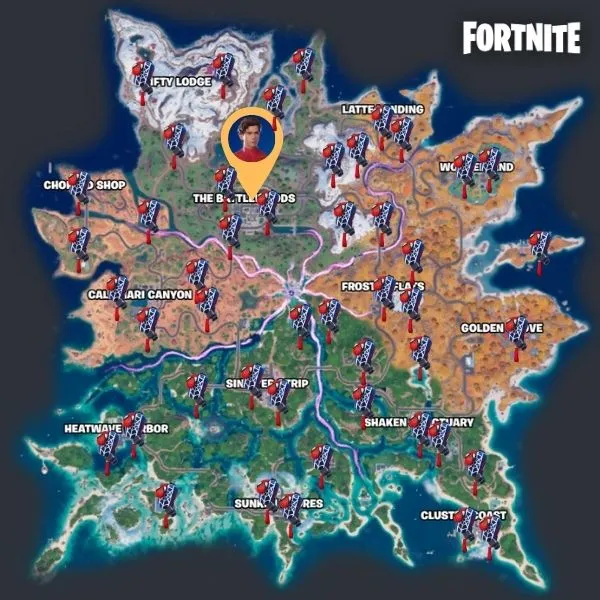 Mappa con le posizioni dei Backpack di Spider-Man in Fortnite