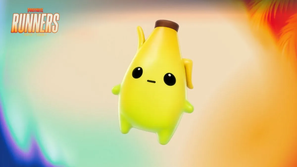 Peely Sprite In Fortnite On a Colorful Background With Logo