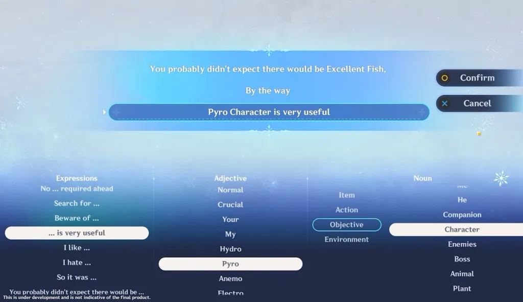 Esempio di messaggi creati con le parole predefinite in Genshin Impact