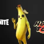 Peely standing between the logos for Fortnite and Hot Toys