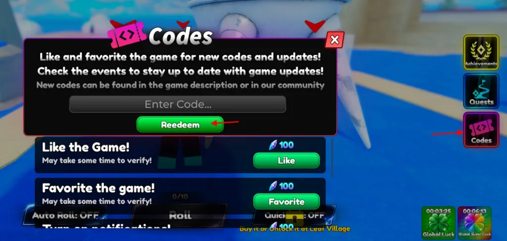 Schermata di riscatto dei codici per Anime RNG Defense su Roblox