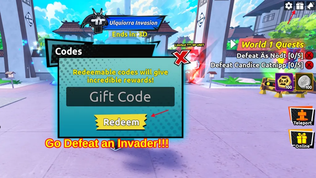 Schermata di riscossione dei codici in Anime Souls su Roblox