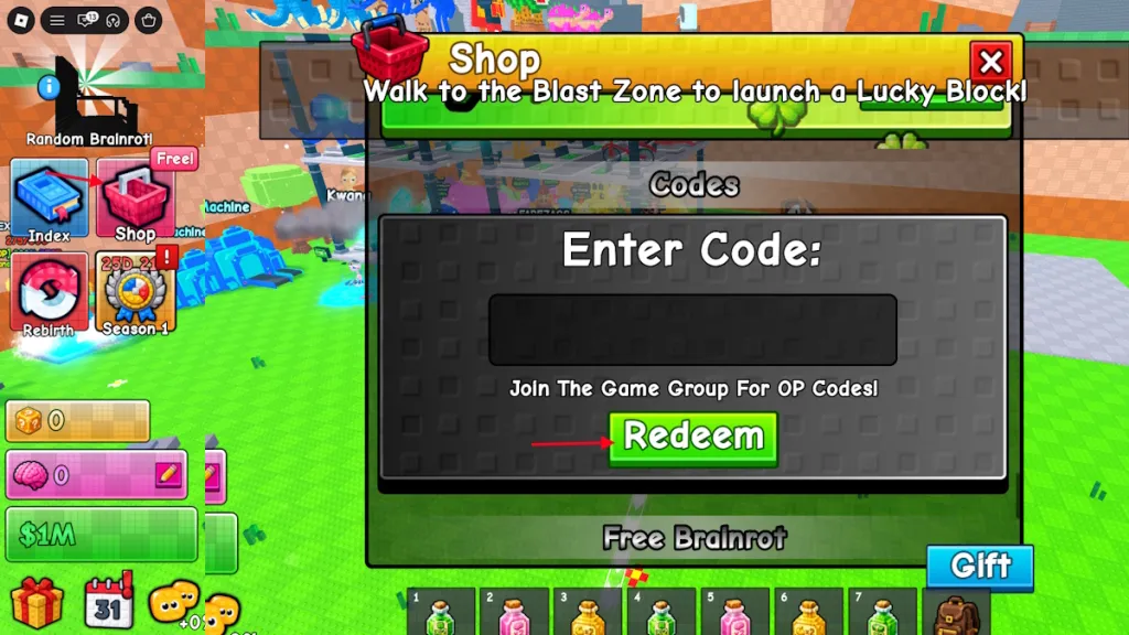 Schermata per riscattare i codici di Brainblast a Lucky Block su Roblox