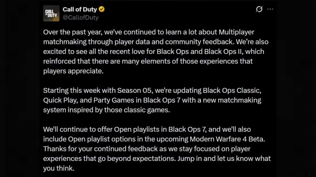 Screenshot del nuovo sistema di matchmaking Classic in Call of Duty Black Ops 7