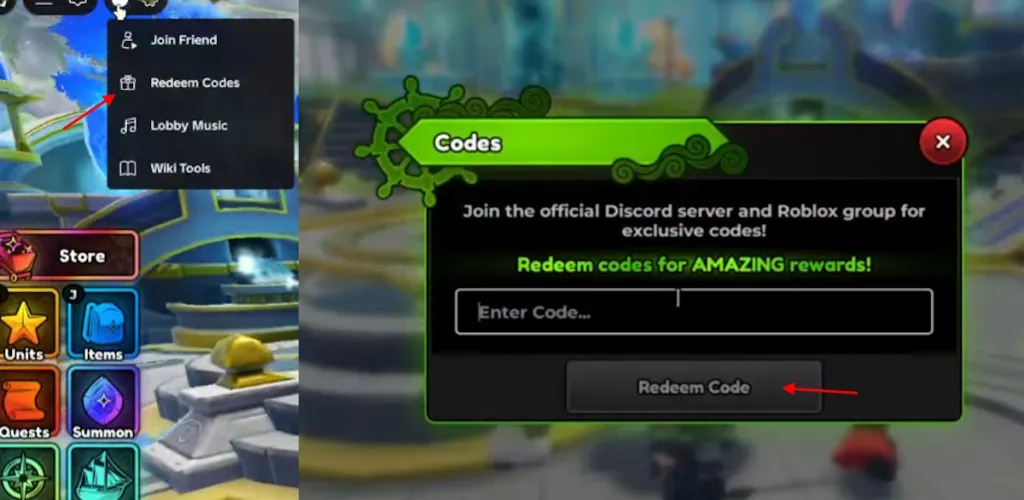 Schermata di riscossione dei codici in Anime Expeditions