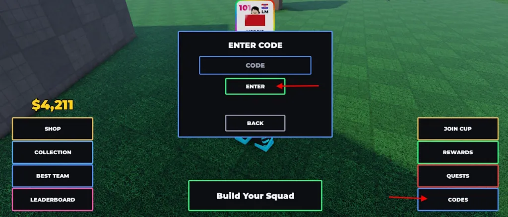 Schermata di riscossione dei codici Build a Soccer Squad su Roblox