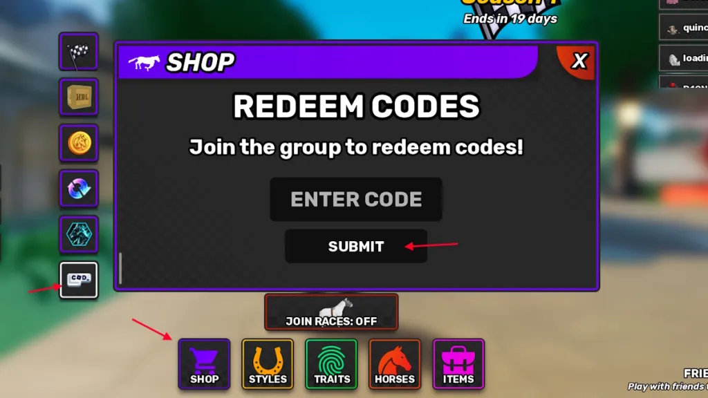 Schermata di riscatto dei codici per Horse Racing Legends su Roblox