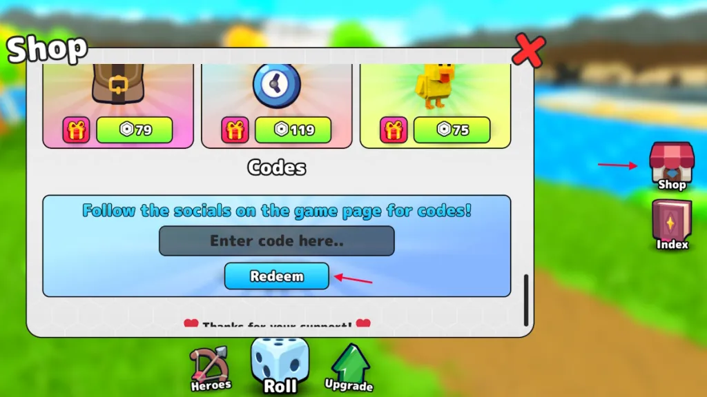 Schermata di riscatto dei codici in RNG Heroes su Roblox