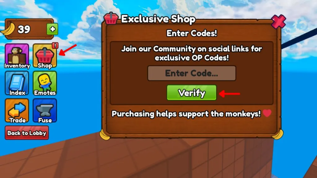 Schermata di riscossione dei codici Monkey Bomb Tag