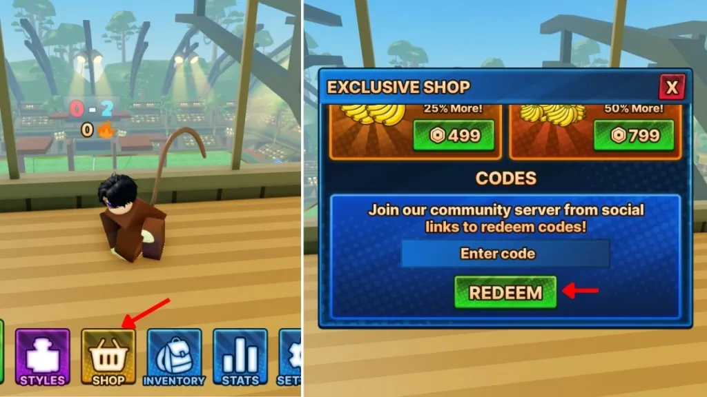 Schermata della procedura di riscatto dei codici in Monkey Soccer su Roblox