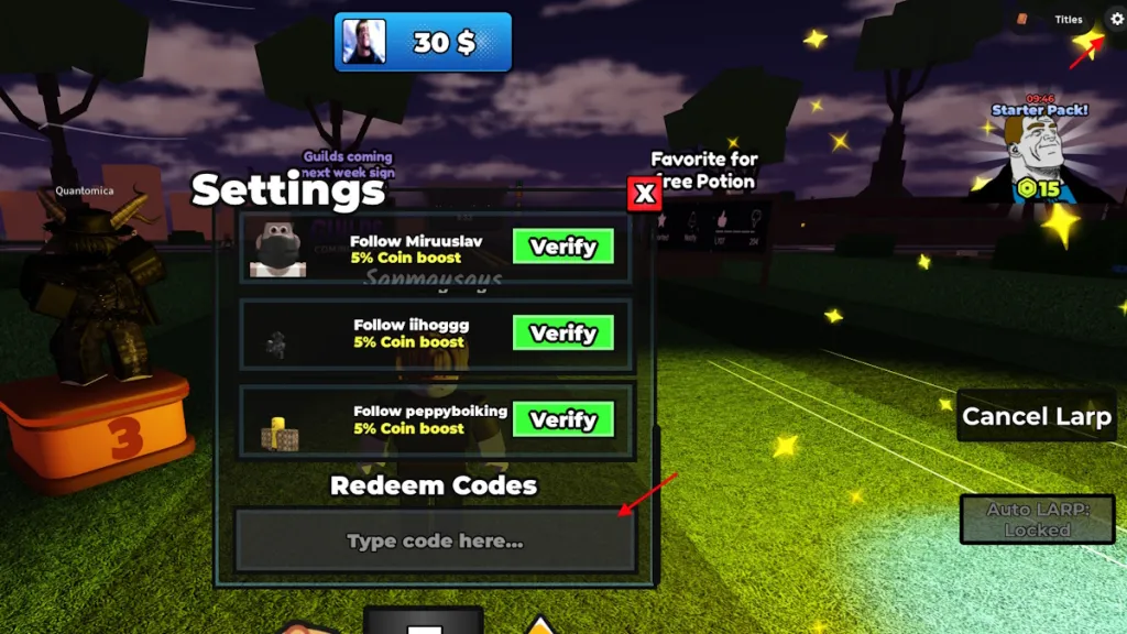 Schermata di riscossione dei codici per Excuse Me Sir su Roblox