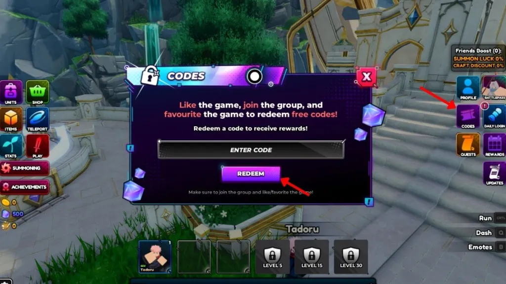 Schermata di riscattare i codici in Anime Overseer su Roblox