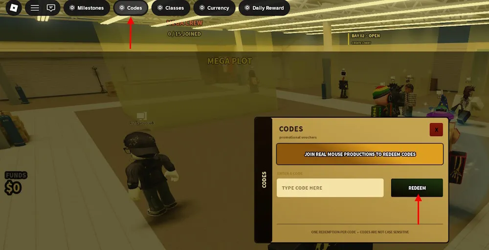 Schermata di riscatto dei codici in Complex Furnishings su Roblox
