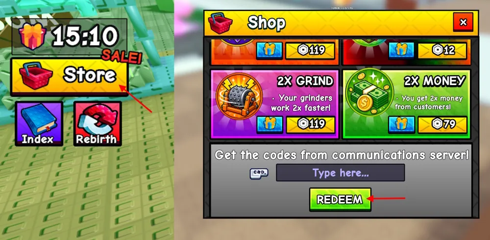 Schermata di riscossione dei codici in Cut a Gem su Roblox